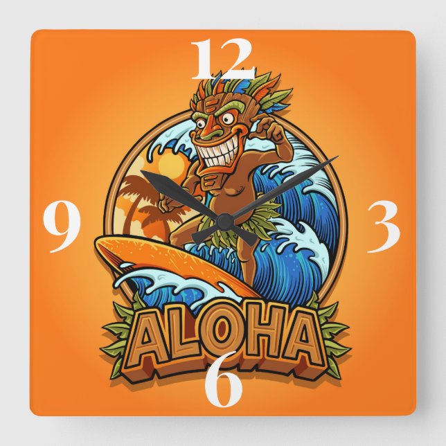Aloha Tiki Man Quadratische Wanduhr (Vorderseite)