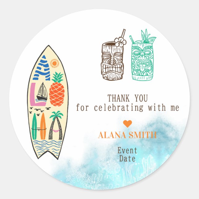 Aloha TIKI Surfboard Tropical Luau Hawaiian Party Runder Aufkleber (Vorderseite)