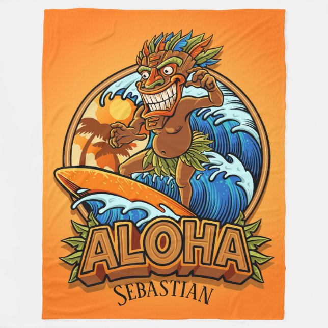Aloha Tiki Surfing Fleece Blanket (Vorderseite)