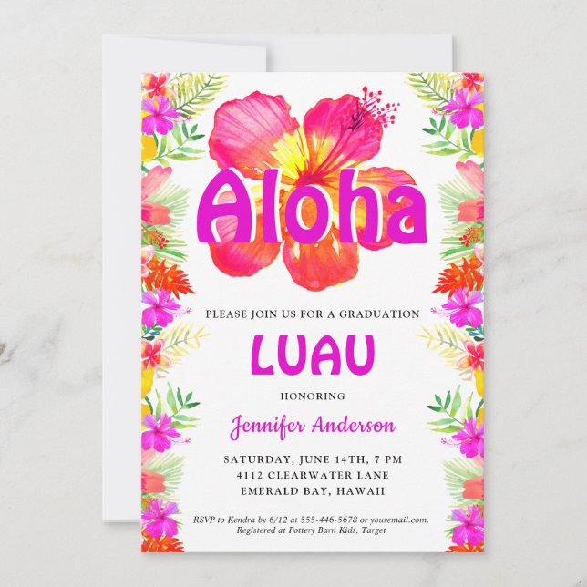 Aloha Tropical Abschluss Luau Einladung (Vorderseite)