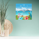 Aloha tropical beach flamingo florals quadratische wanduhr<br><div class="desc">In den Tropen: Hawaiian beach with blue and red Hibiscus flowers,  palm leaves,  fläingo and blue and yellow parrot. Coconut on the sandy beach,  blue ocean with waves and the blue sky. White Text: Aloha. A clock for your summer home or beach house.</div>
