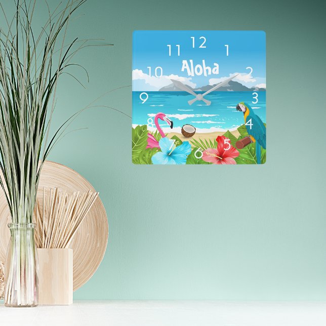 Aloha tropical beach flamingo florals quadratische wanduhr (Von Creator hochgeladen)
