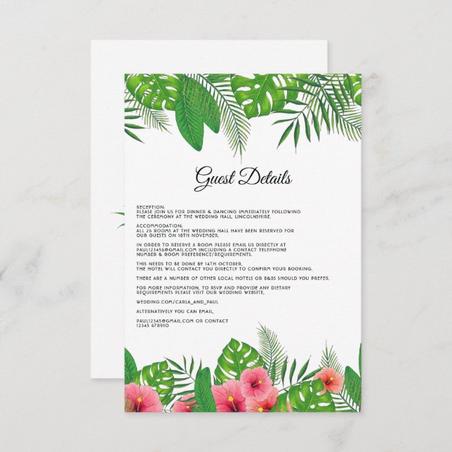 Aloha Tropical Beach Hochzeitgäste Details Begleitkarte (Vorne/Hinten)