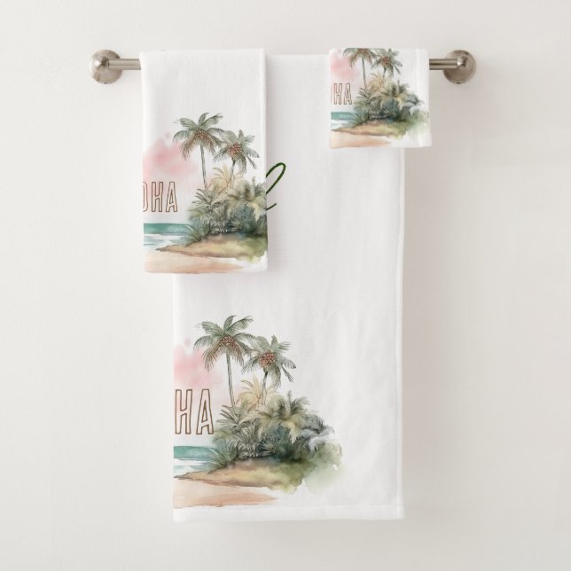 Aloha Tropical Beach Palm Trees Badhandtuch Set (Insitu)