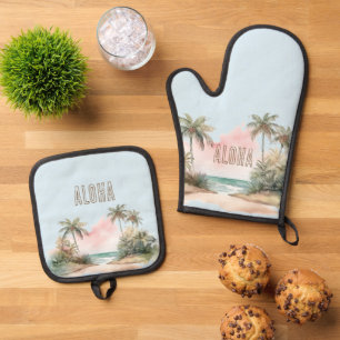 Aloha Tropical Beach Palm Trees Ofenhandschuh & Topflappen-Set