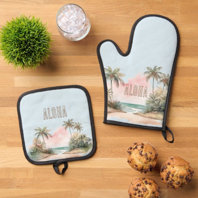 Aloha Tropical Beach Palm Trees Ofenhandschuh & Topflappen-Set (Oben Unten)