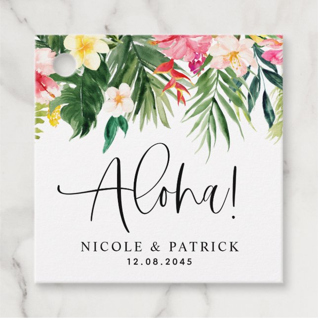Aloha Tropical Blume and Greenerity Wedding Geschenkanhänger (Vorderseite)