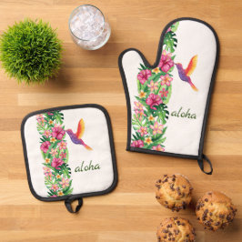 Aloha Tropical Blume & Bird Ofenhandschuh & Topflappen-Set