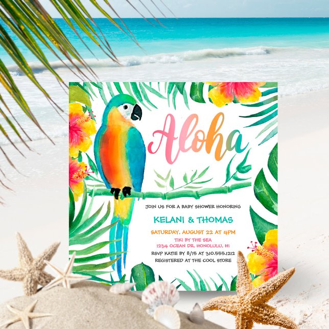 Aloha Tropical Blume Parrot Square Kinderdusche Einladung (Von Creator hochgeladen)