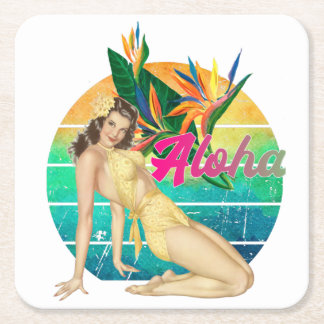 Aloha Tropical Button-up Girl Retro-Sonnenuntergan Rechteckiger Pappuntersetzer