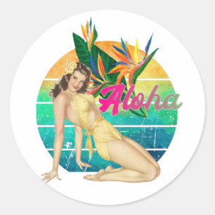 Aloha Tropical Button-up Girl Retro-Sonnenuntergan Runder Aufkleber