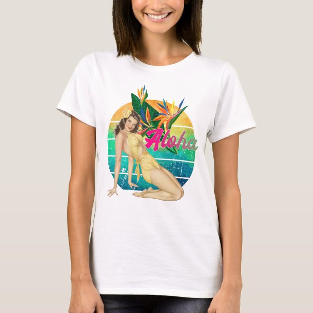 Aloha Tropical Button-up Girl Retro-Sonnenuntergan T-Shirt (Vorderseite)