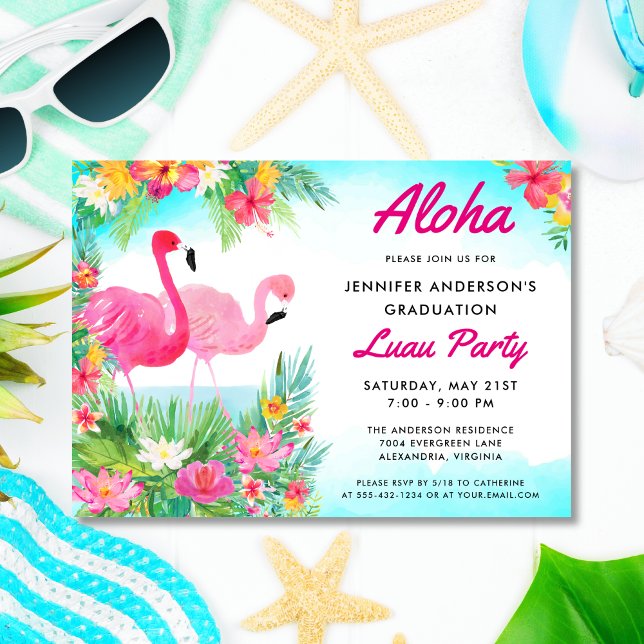 Aloha Tropical Flamingo Abschluss Luau Party Einladung (Von Creator hochgeladen)