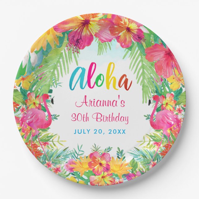 Aloha Tropical Flamingo Birthday Luau Party  Pappteller (Vorderseite)