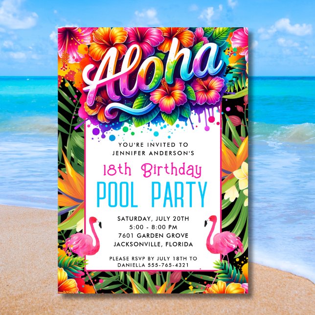 Aloha Tropical Flamingo Birthday Pool Party Einladung (Von Creator hochgeladen)