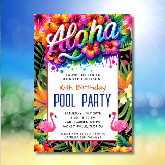 Aloha Tropical Flamingo Birthday Pool Party  Einladung