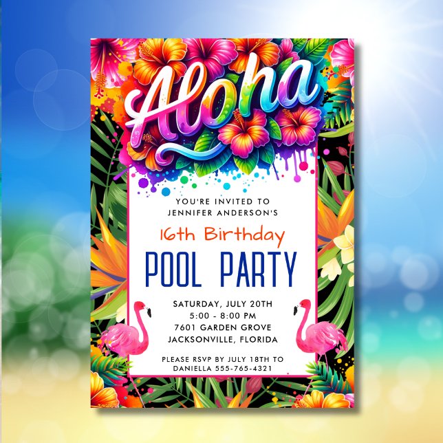 Aloha Tropical Flamingo Birthday Pool Party  Einladung (Von Creator hochgeladen)