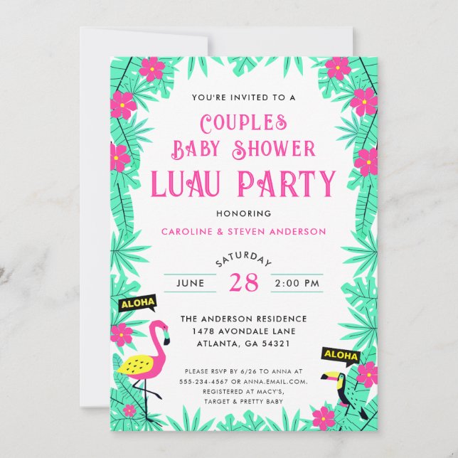 Aloha Tropical Flamingo Couples Kinderdusche Luau Einladung (Vorderseite)