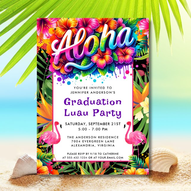 Aloha Tropical Flamingo Graduation Luau Party Einladung (Von Creator hochgeladen)