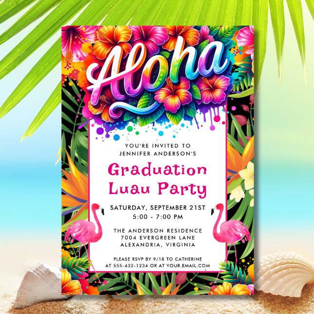 Aloha Tropical Flamingo Graduation Luau Party Einladung (Von Creator hochgeladen)