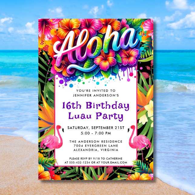 Aloha Tropical Flamingo Luau Birthday Party Einladung (Von Creator hochgeladen)