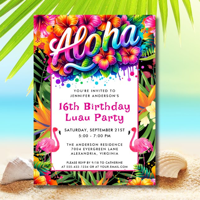 Aloha Tropical Flamingo Luau Birthday Party Einladung (Von Creator hochgeladen)