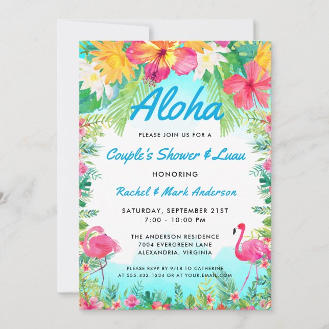 Aloha Tropical Flamingo Luau Couple's Dusche Einladung (Vorderseite)