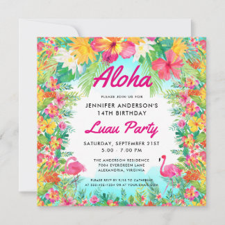 Aloha Tropical Flamingo Luau Party Square Geburtst Einladung