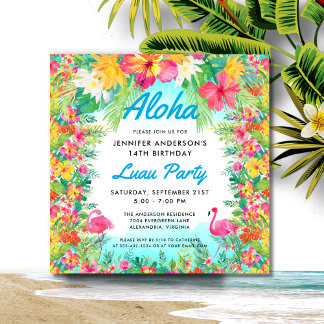 Aloha Tropical Flamingo Luau Party Square Geburtst Einladung