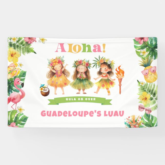 Aloha Tropical girl Luau Birthday Party Banner (Horizontal)