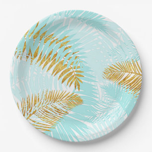 Aloha-Tropical Gold Metal Foil Aqua Palm Blätter Pappteller