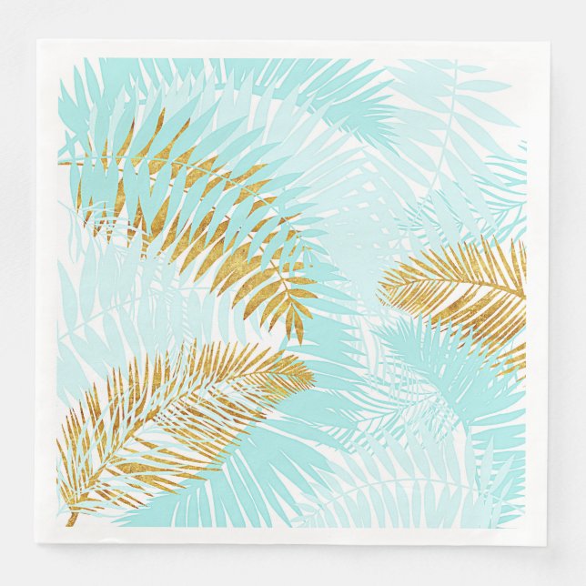 Aloha-Tropical Gold Metal Foil Aqua Palm Blätter Serviette (Vorderseite)