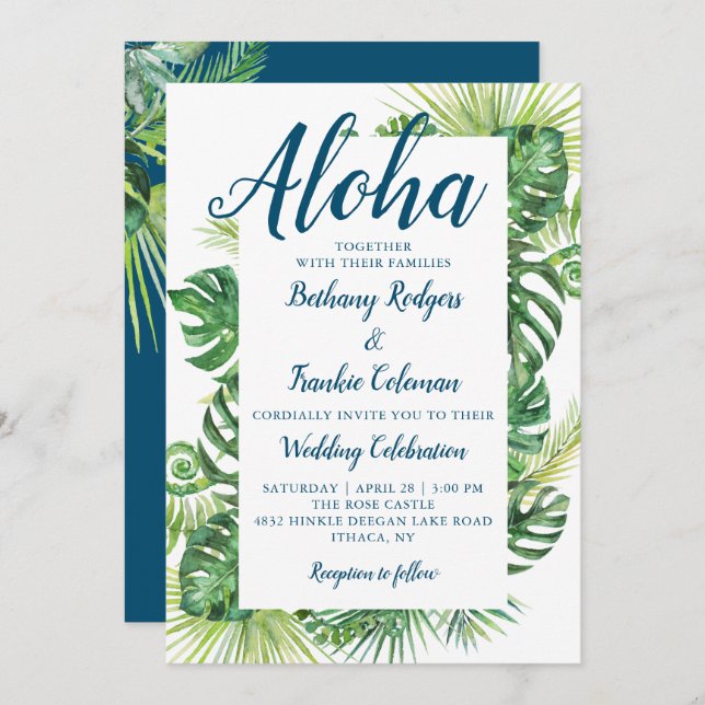 Aloha Tropical Greenerity Blue Beach Wedding Einladung (Vorne/Hinten)