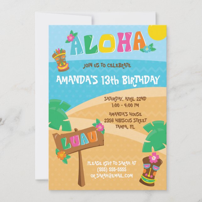 Aloha! Tropical, Hawaii Luau Themed Birthday Party Einladung (Vorderseite)