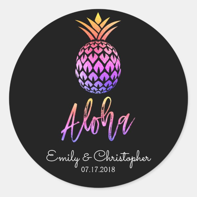 Aloha Tropical Hawaiian Ananas Wedding Black Runder Aufkleber (Vorderseite)