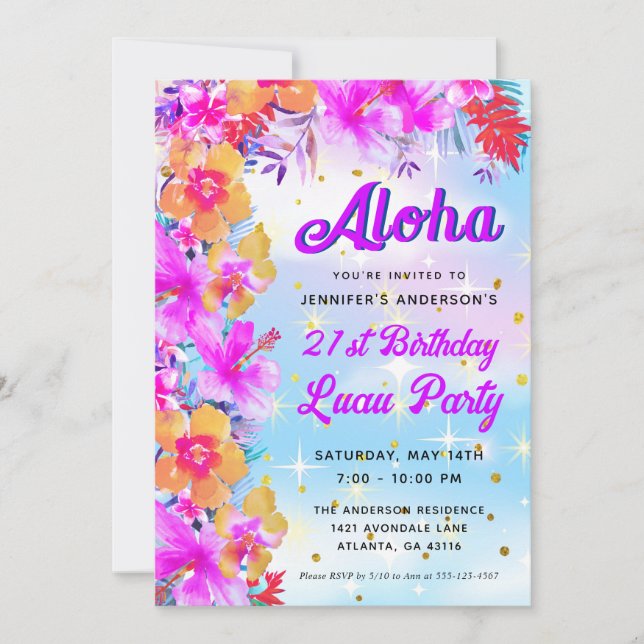Aloha Tropical Hawaiian Luau Birthday Party Einladung (Vorderseite)