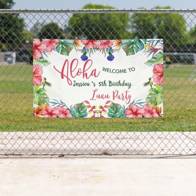 Aloha Tropical Hibiskus Hawaiian Birthday Party Banner (Insitu)