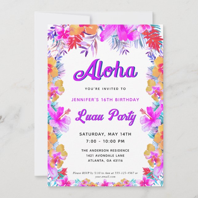 Aloha Tropical Hibiskus Luau Birthday Party Einladung (Vorderseite)