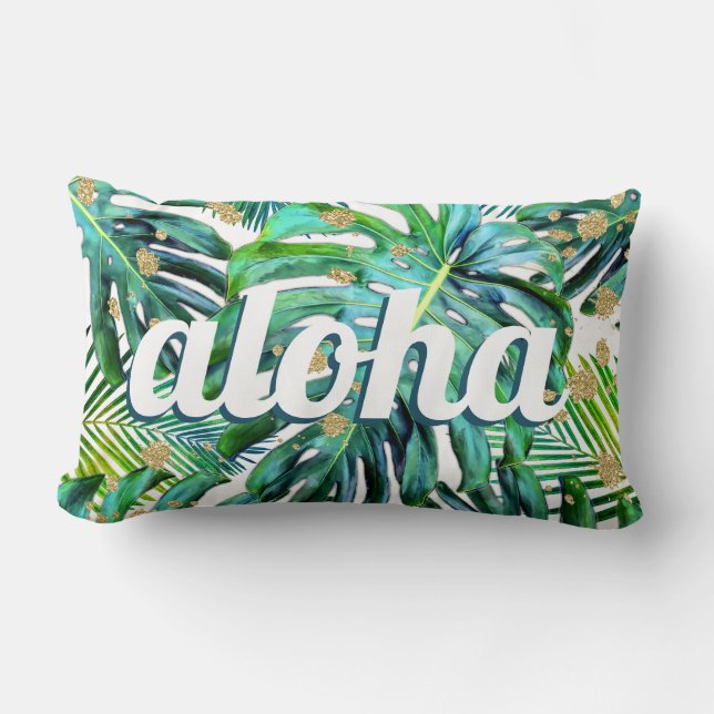 Aloha Tropical Leaf Pattern Monstera Hawaii Strand Lendenkissen (Vorderseite)
