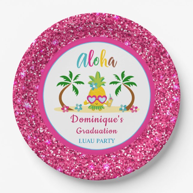 Aloha Tropical Luau Abschluss Pink Glitzer Pappteller (Vorderseite)