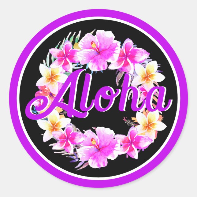 Aloha Tropical Luau Birthday Neon Lila Runder Aufkleber (Vorderseite)