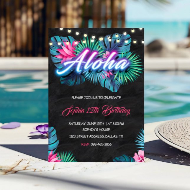 Aloha Tropical Neon Birthday Einladung (Von Creator hochgeladen)