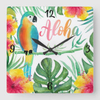 Aloha Tropical Parrot Hibiskus Palm Square Wall Cl