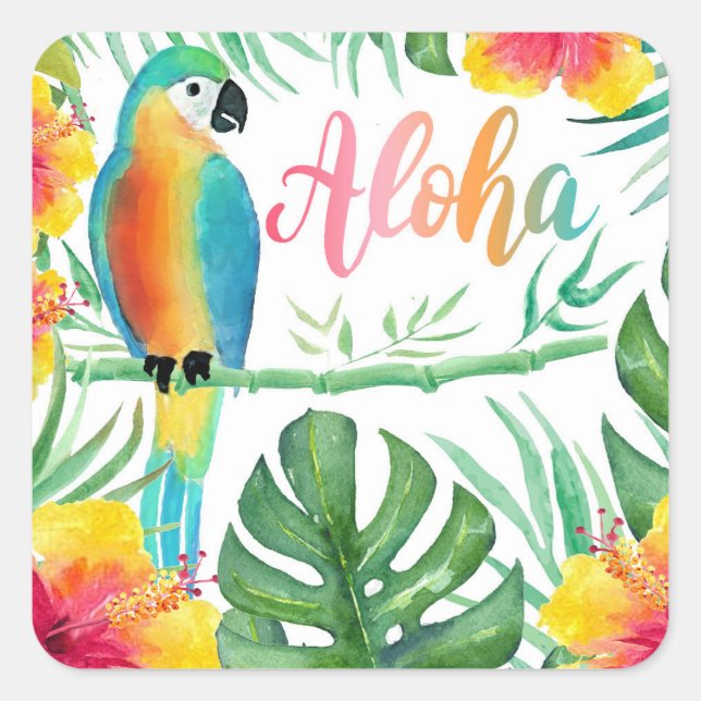 Aloha Tropical Parrot Hibiskus Palms Quadratischer Aufkleber (Vorderseite)
