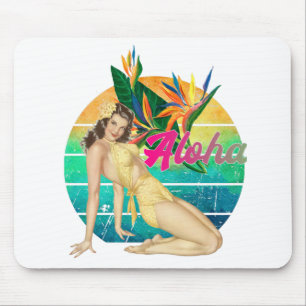 Aloha Tropical Pin-up Mädchen Retro-Sonnenuntergan Mousepad