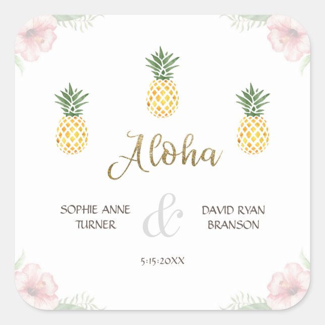 Aloha Tropical Pineapel Beach Wedding Quadratischer Aufkleber (Vorderseite)