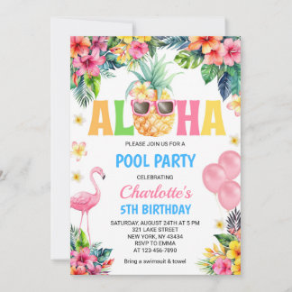 Aloha Tropical Pineapple Flamingo Poolparty Einladung