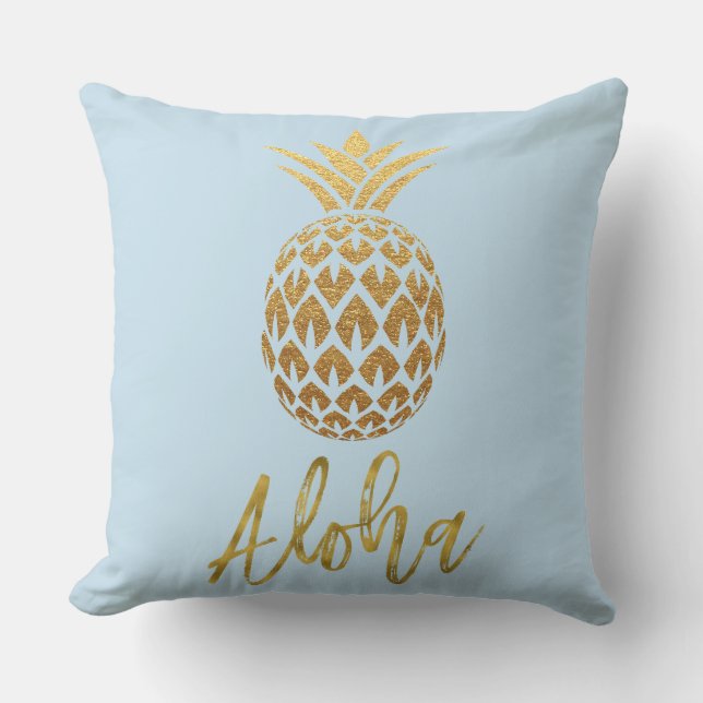 Aloha Tropical Pineapse Blue and Gold Foil Pillow Kissen (Vorderseite)