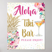 Aloha Tropical Pineapse Pink Floral Tiki Bar Sign
