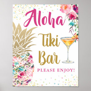 Aloha Tropical Pineapse Pink Floral Tiki Bar Sign Poster